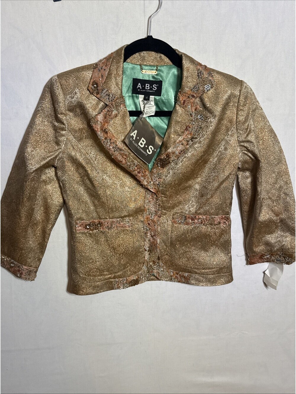 NWT ABS Allen Schwartz Gold Brocade Beaded Evening Jacket Size 4 MSRP $550 Y2K